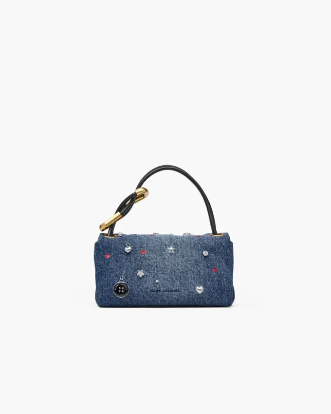 La mini borsa doppia in denim con ciondoli La mini borsa doppia in denim con ciondoli
