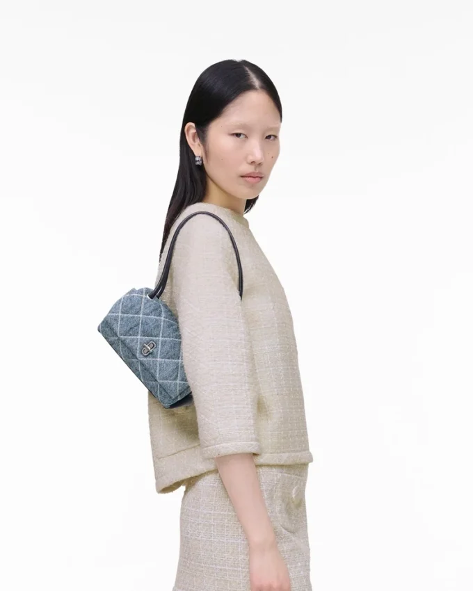 Mini borsa a doppia tracolla in denim trapuntato